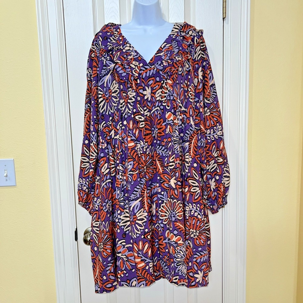 Oddi Dusty Roads Violet Floral Ruffle V-Neck Mini Dress Sz 2XL Boho Retro Whimsy